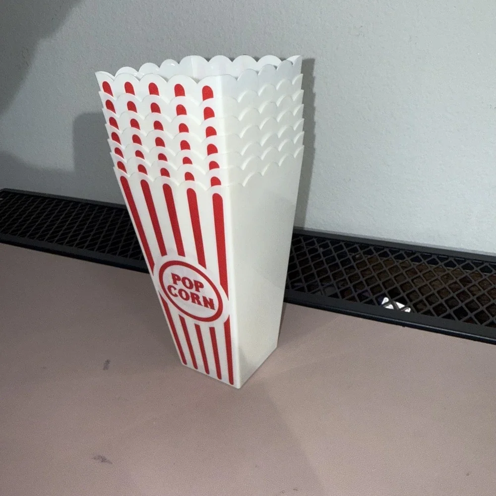Set of 7 Red White Plastic Popcorn Containers Buckets Home Movie Theater Retro